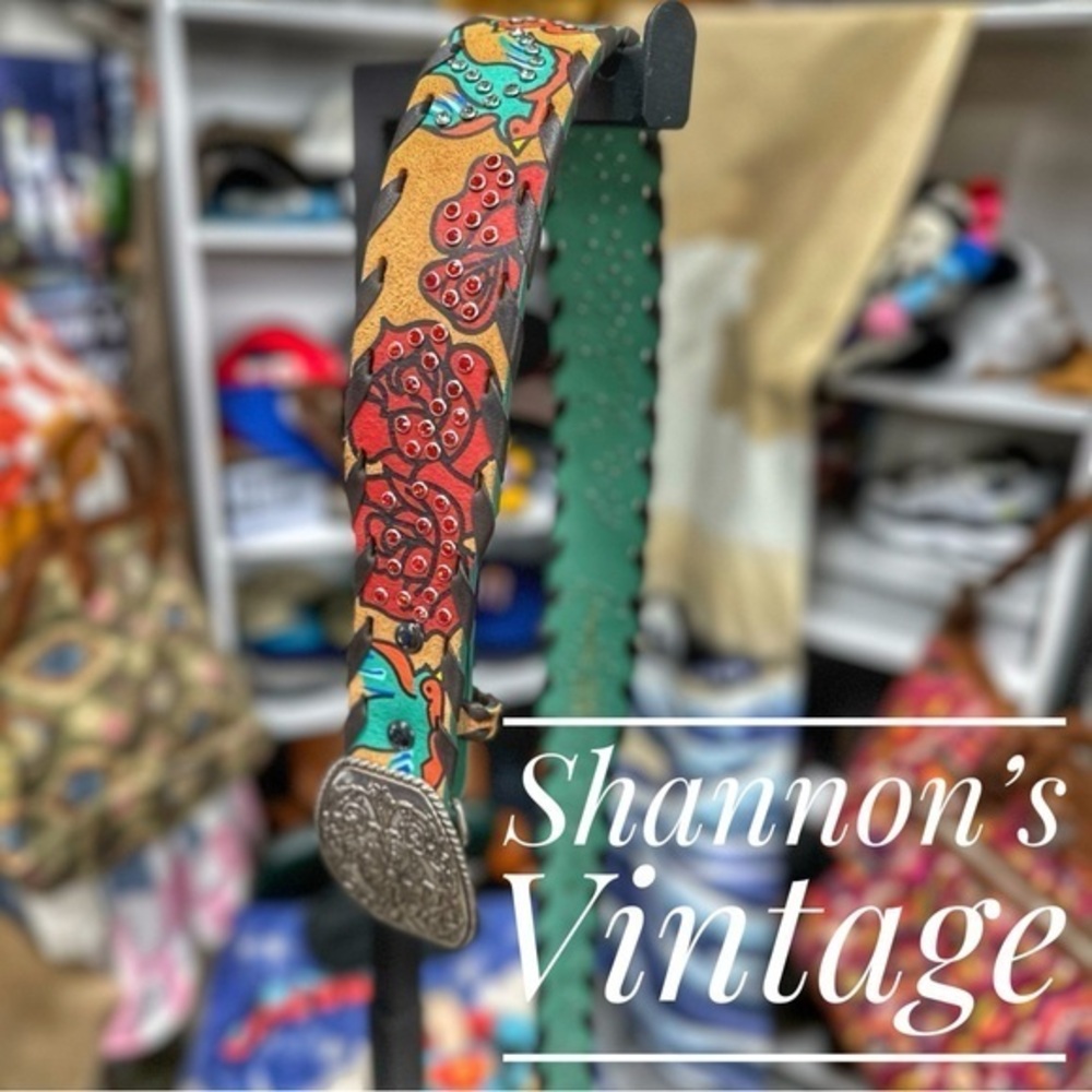 Ariat Hand-Tooled Floral Leather Belt in Turquoise, Red and Tan